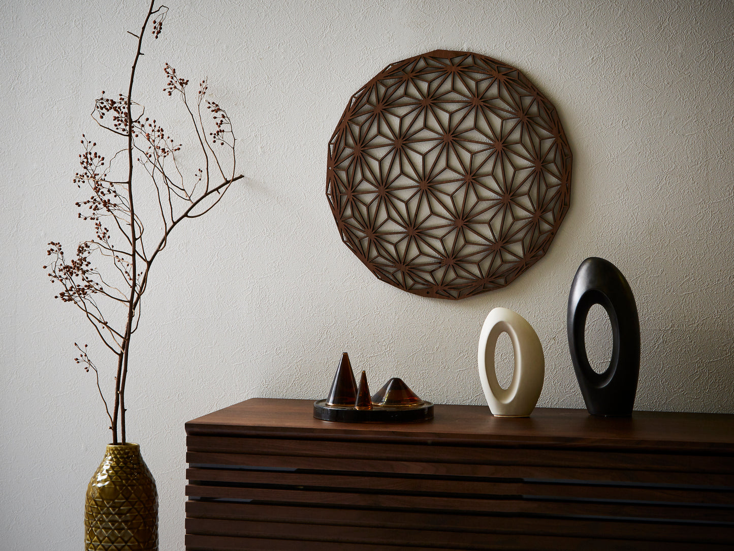 Asanoha Patterm Japanese Wall Decor Traditional Pattern On Wood 23.2 inches (Walnut)