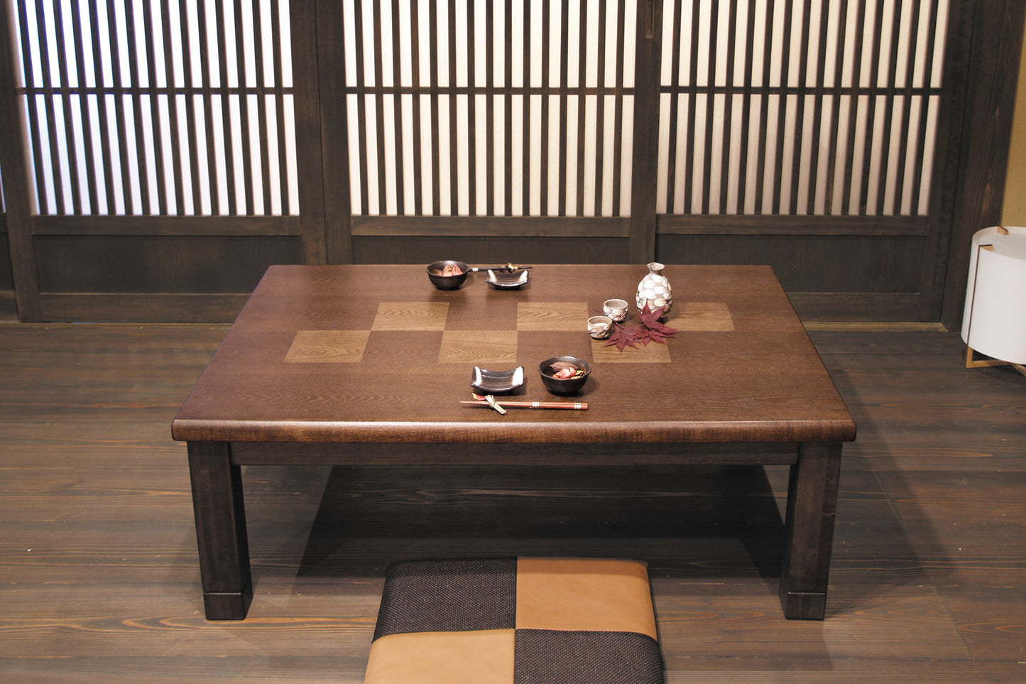 Japanese Ash Wood Grain Veneer Checkered Pattern Kotatsu 'rocca'
