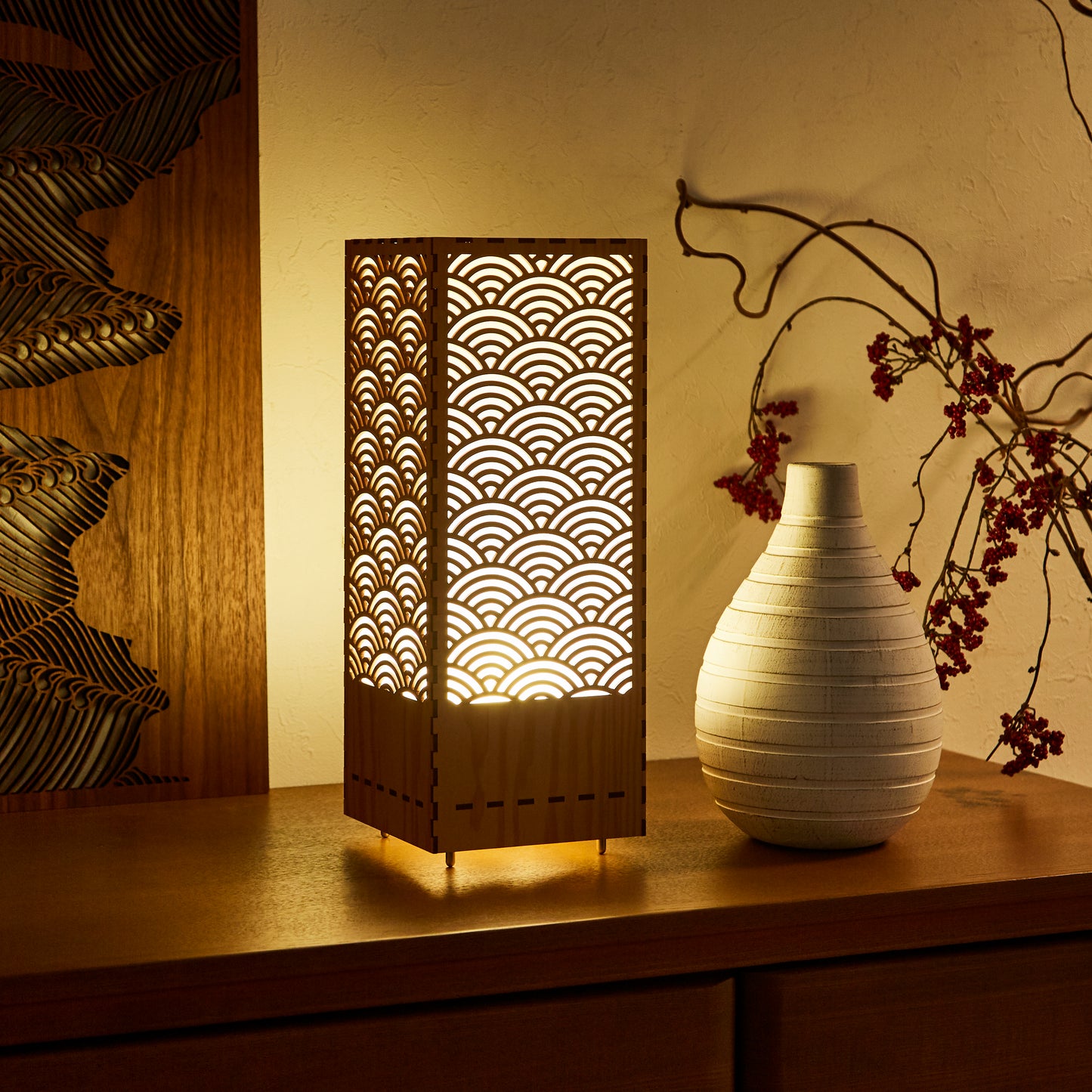 Japanese Room Lantern Harmonious decorative light with Japanese traditional Seigaiha pattern for bedroom, living room and Japanese-style room.