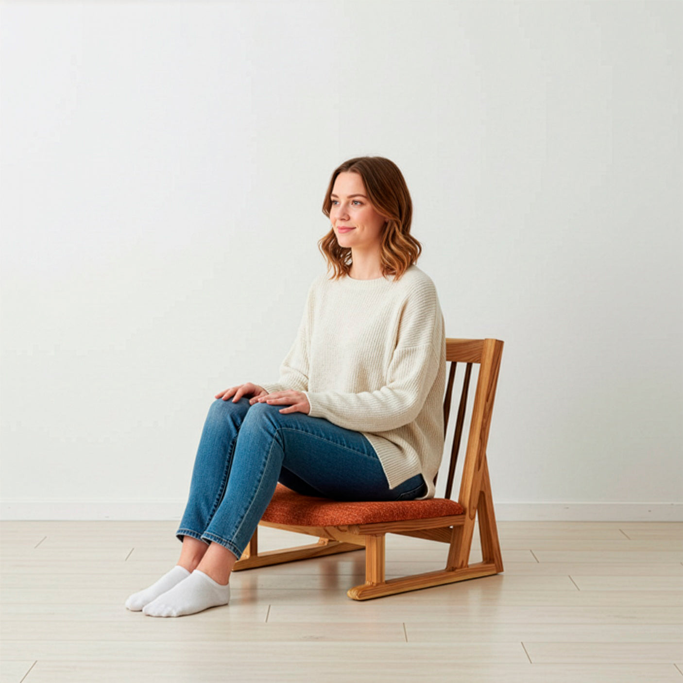 Illustration of a low-profile chair and woman in a room (AI-generated image).