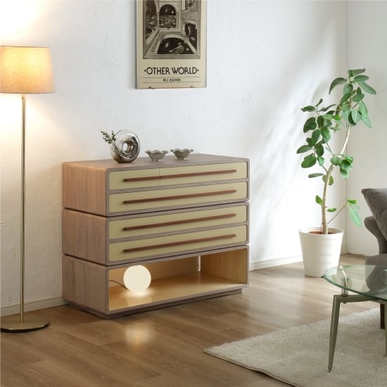Stylish Japanese modern paulownia tansu chest with three drawers and an open shelf, blending elegance with functionality.