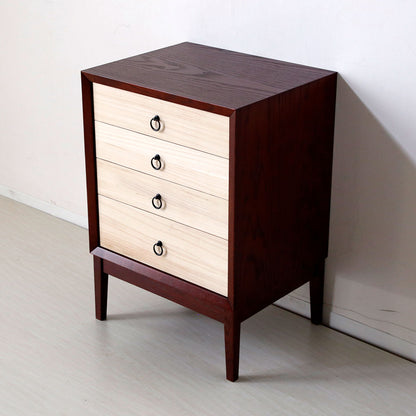 Modern Japanese low chest with Uzukuri finish on the drawers and accents in traditional Japanese colors.