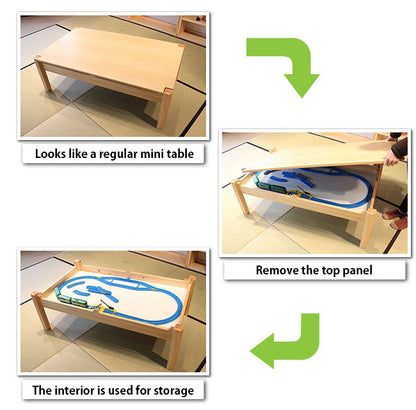 It looks like a normal table, but when the top is moved, it can be used as storage. It is easy and convenient to put away quickly.