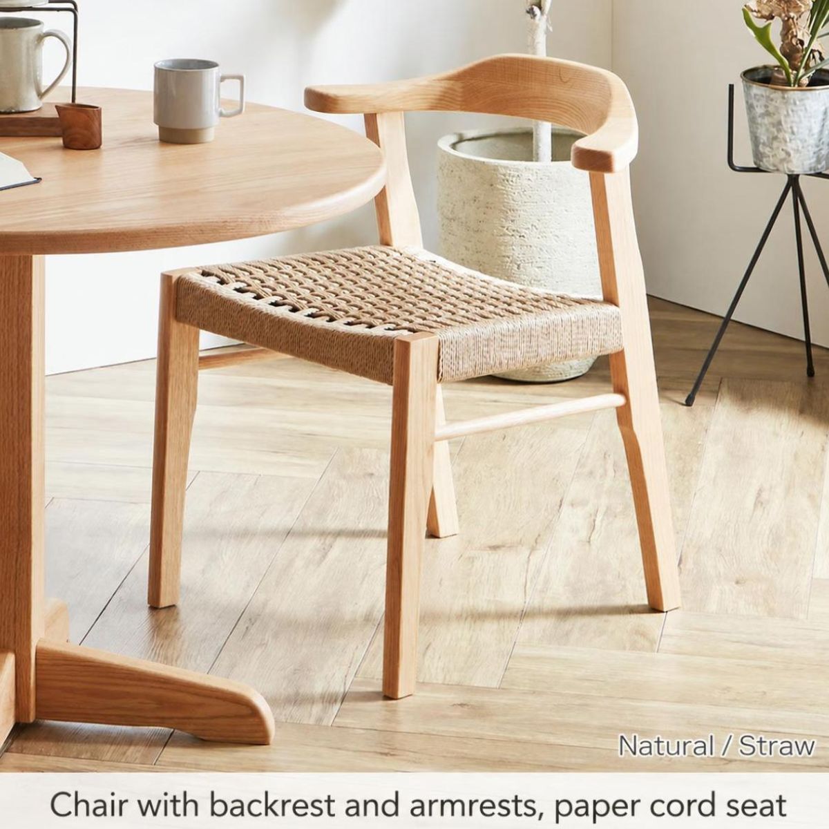 Japandi Paper Cord Dining Chair with Arms – Solid Wood Japanese Chair MC-01