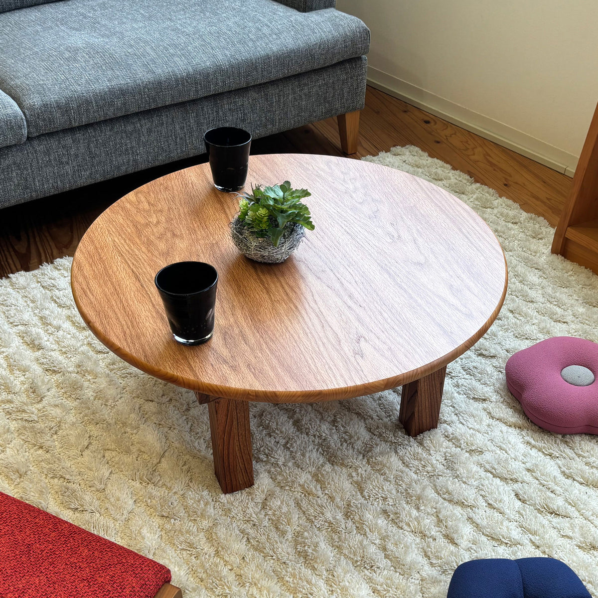 Japanese Sawtooth Oak (Kunugi)  Folding Chabudai – Handmade Round Floor Table from Okawa, Japan