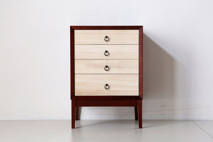 Modern Japanese low chest with Uzukuri finish on the drawers and accents in traditional Japanese colors.