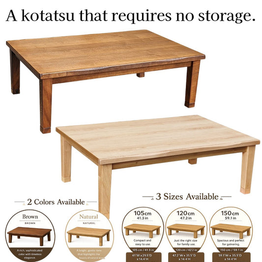 Japanese Kotatsu Table, Made in Japan – Natural Ash Wood, Year-Round Low Table, 41/47/59 in, Natural or Brown