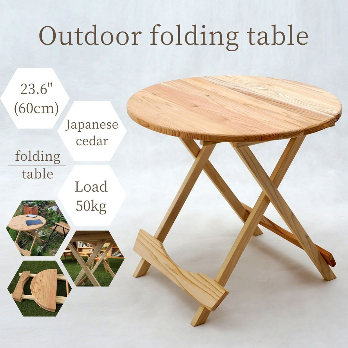Outdoor folding table, 60cm diameter, round, solid Japanese cedar (Entrance delivery)